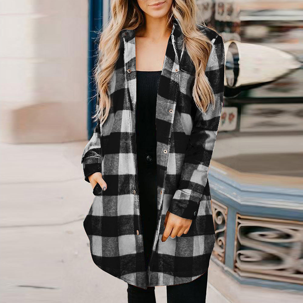 Women's Plaid Shirt Mid-length Long Sleeve Blouses