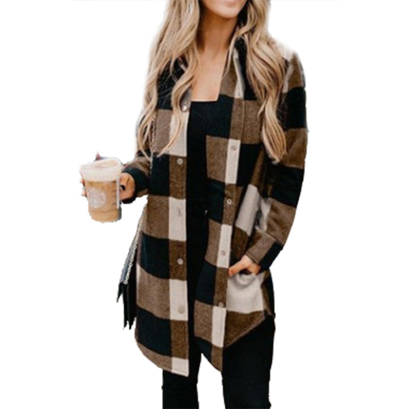 Women's Plaid Shirt Mid-length Long Sleeve Blouses