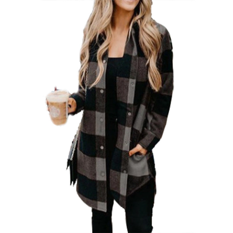 Women's Plaid Shirt Mid-length Long Sleeve Blouses