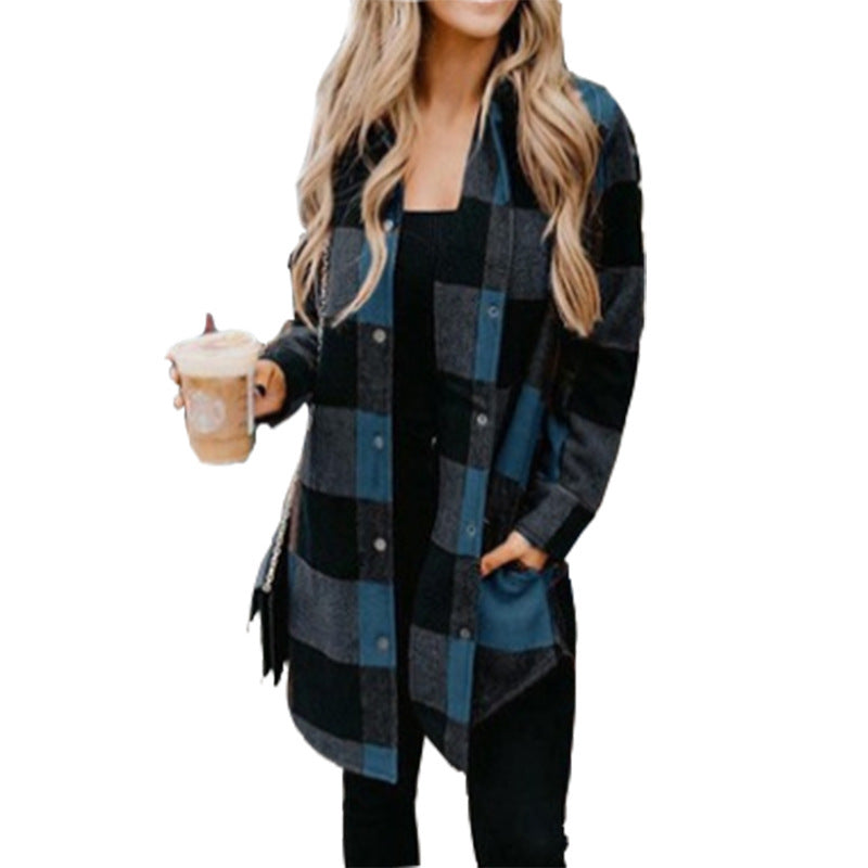 Women's Plaid Shirt Mid-length Long Sleeve Blouses