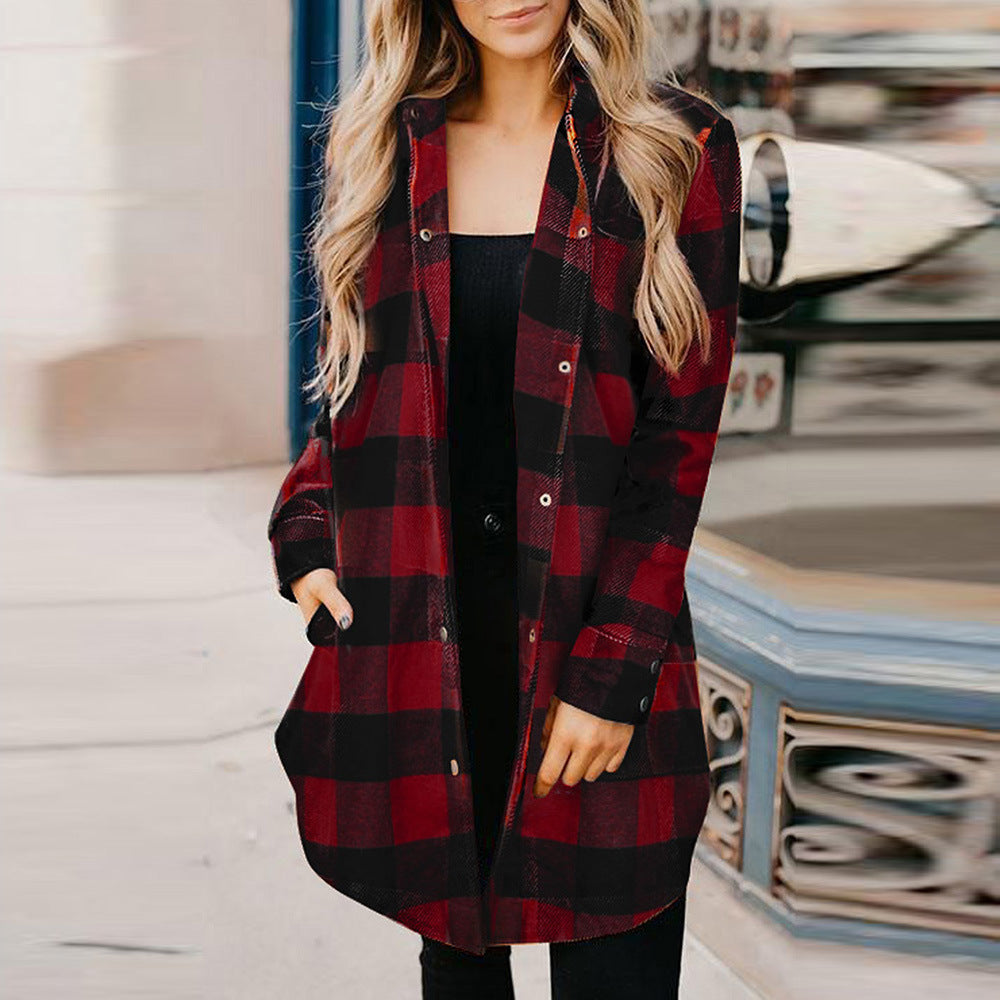 Women's Plaid Shirt Mid-length Long Sleeve Blouses