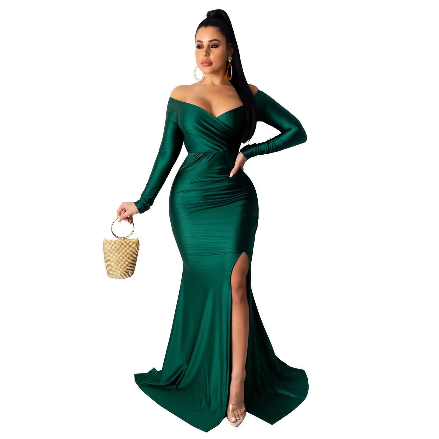 Women's Sexy Nightclub V-neck Formal Solid Color Large Long Sleeve Dresses