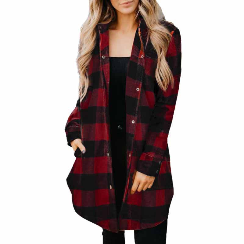 Women's Plaid Shirt Mid-length Long Sleeve Blouses