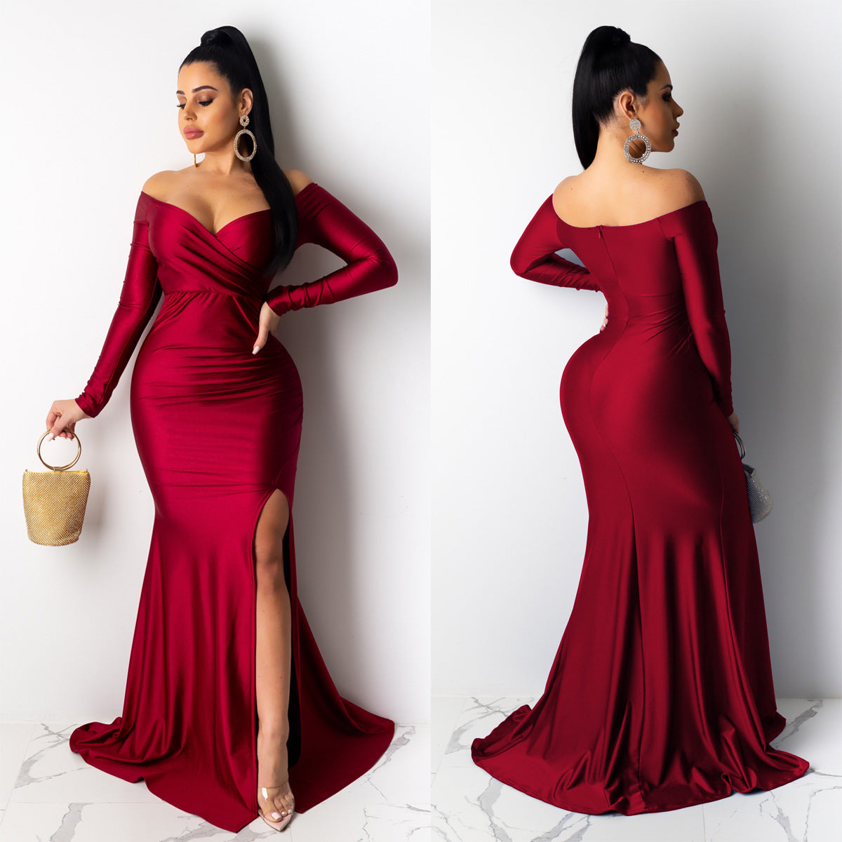 Women's Sexy Nightclub V-neck Formal Solid Color Large Long Sleeve Dresses