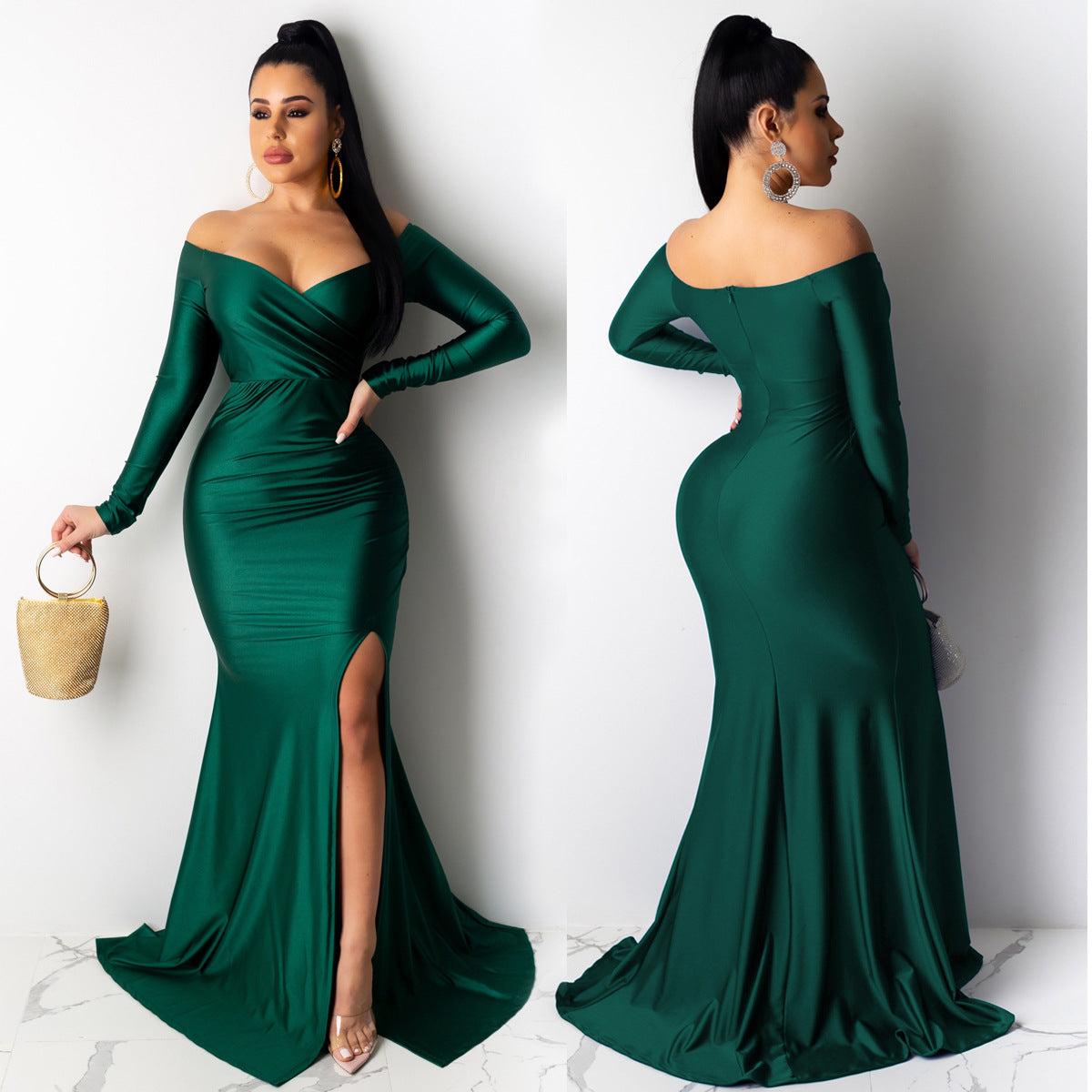 Women's Sexy Nightclub V-neck Formal Solid Color Large Long Sleeve Dresses