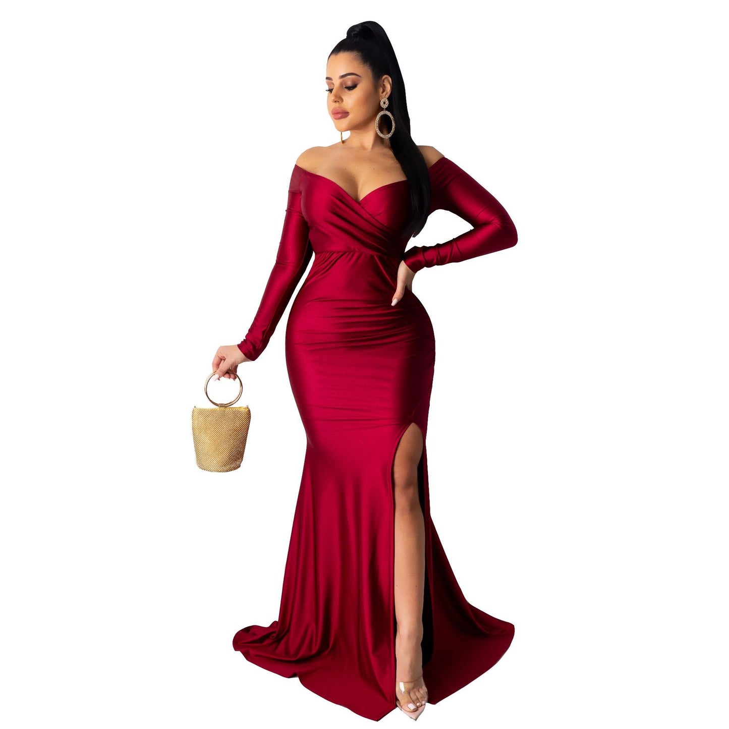 Women's Sexy Nightclub V-neck Formal Solid Color Large Long Sleeve Dresses