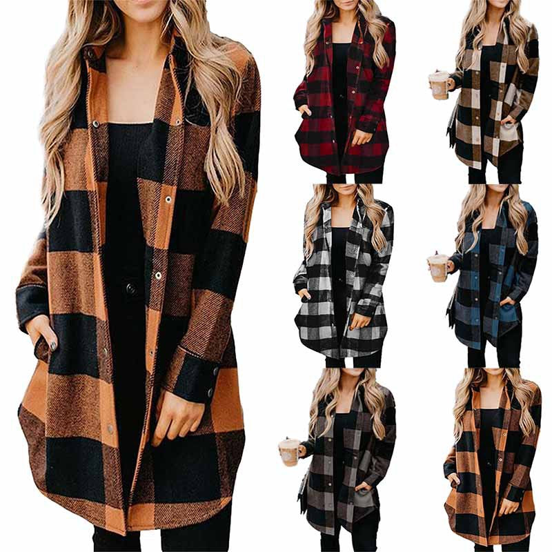 Women's Plaid Shirt Mid-length Long Sleeve Blouses