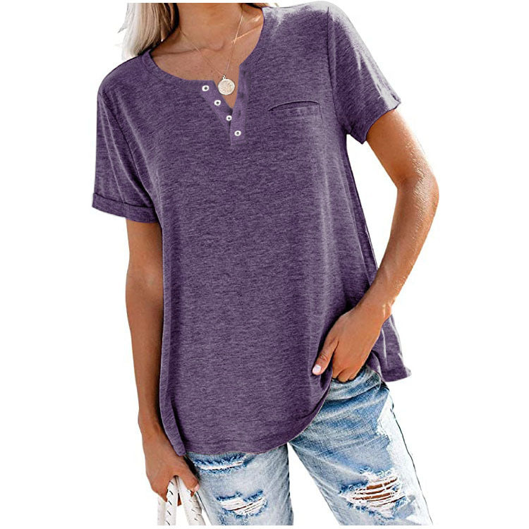 Women's V-neck Sleeve Pocket Loose T-shirt Blouses