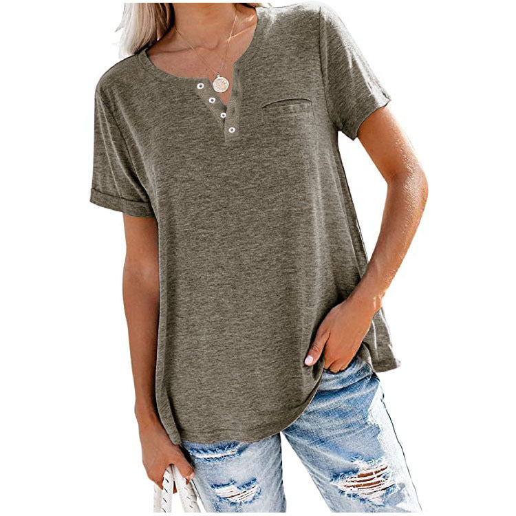 Women's V-neck Sleeve Pocket Loose T-shirt Blouses