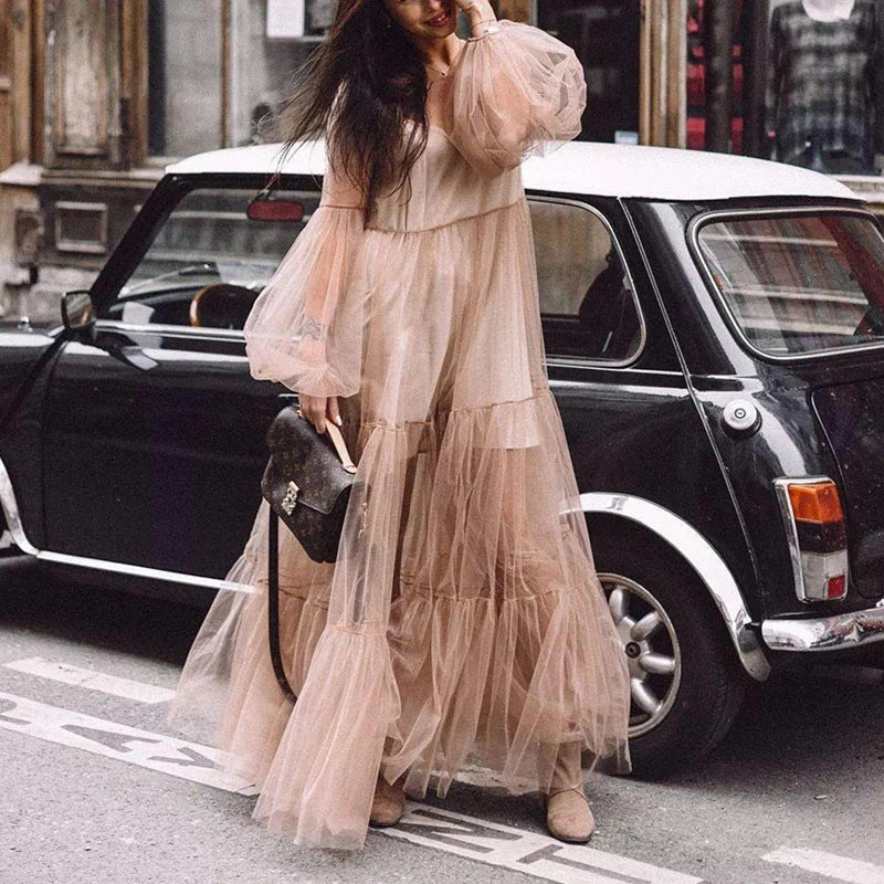 Women's Fashion Puff Sleeve Mesh Dress Long Dresses