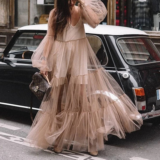 Women's Fashion Puff Sleeve Mesh Dress Long Dresses