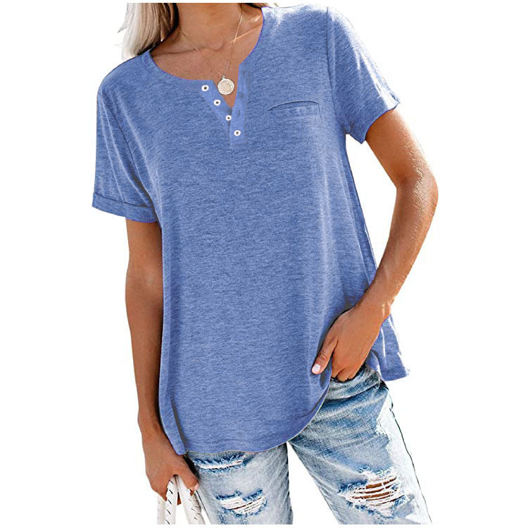 Women's V-neck Sleeve Pocket Loose T-shirt Blouses