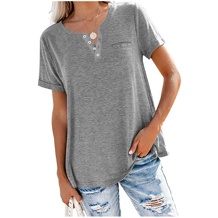 Women's V-neck Sleeve Pocket Loose T-shirt Blouses