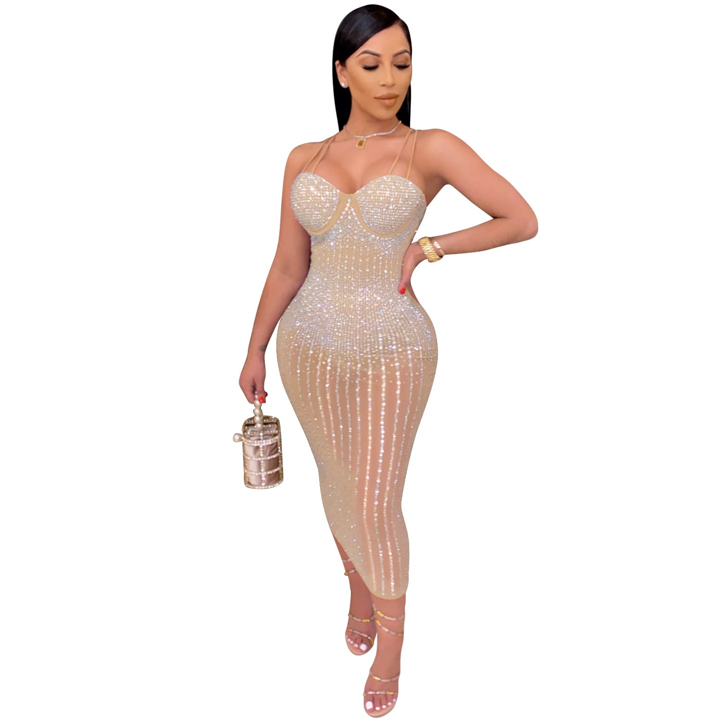 Women's Fashion Wear Nightclub Mesh Rhinestone Strap Dresses