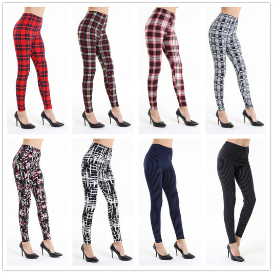 Striped Plaid Printed Fashionable Slimming Cropped Leggings