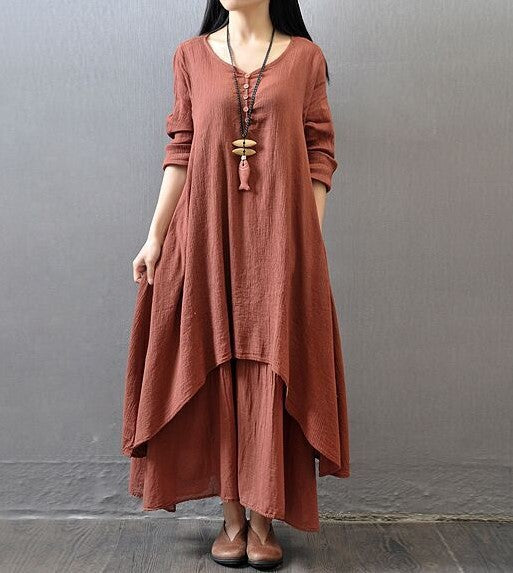 Spring Two-piece Long Linen Dress Loose Dresses