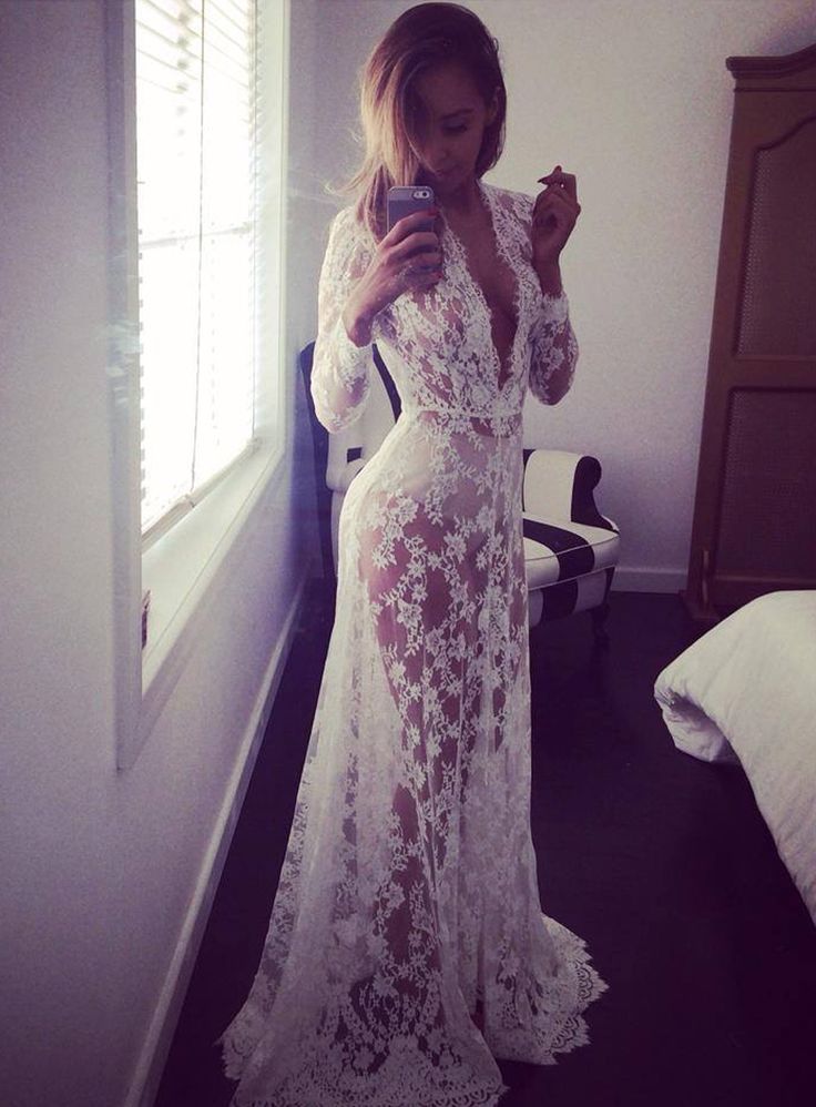 Sexy Deep V-neck Long Sleeve Lace Tight Wedding Dresses