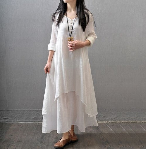 Spring Two-piece Long Linen Dress Loose Dresses