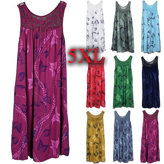 Women's Lace Stitching Printing Sleeveless Swing Dress Dresses