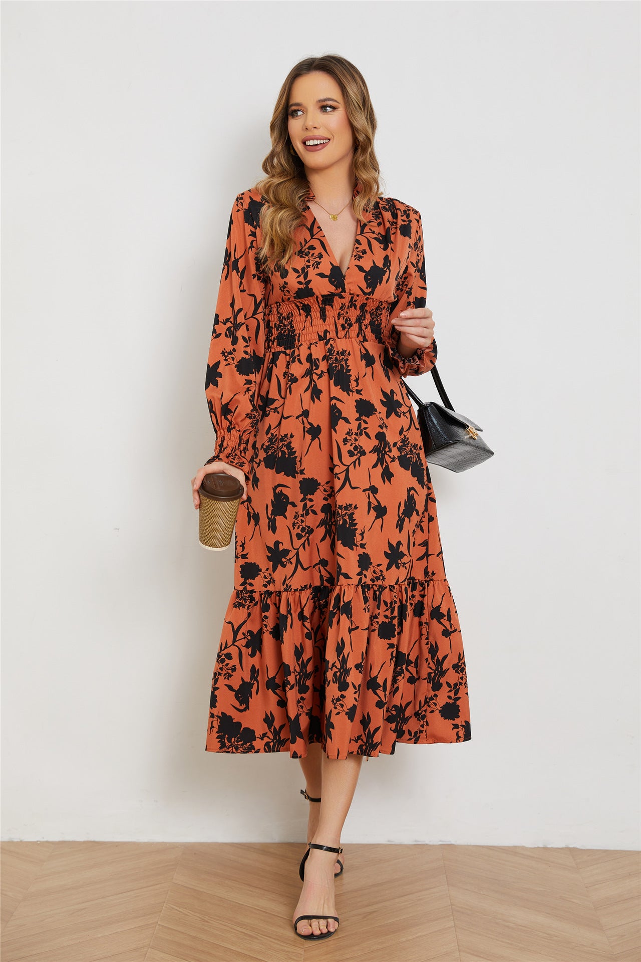 Women's Long Sleeve High Waist Floral Dress Dresses