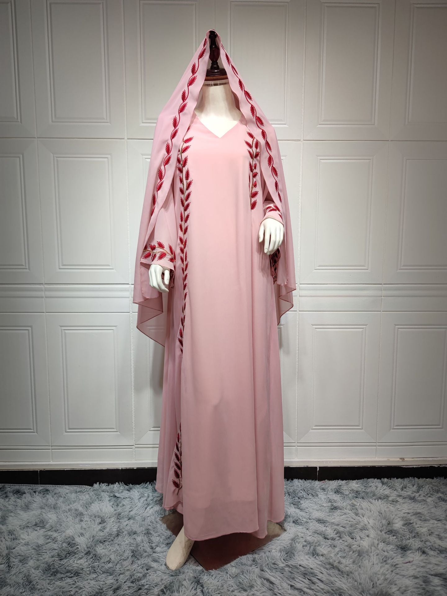 Fashion Street Summer Chiffon Long Muslim Embroidered Pink Round-collar Clothing