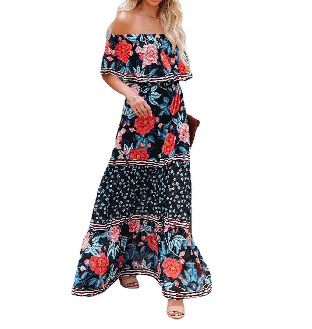 Summer Off-shoulder Printed Long Large Hem Dresses