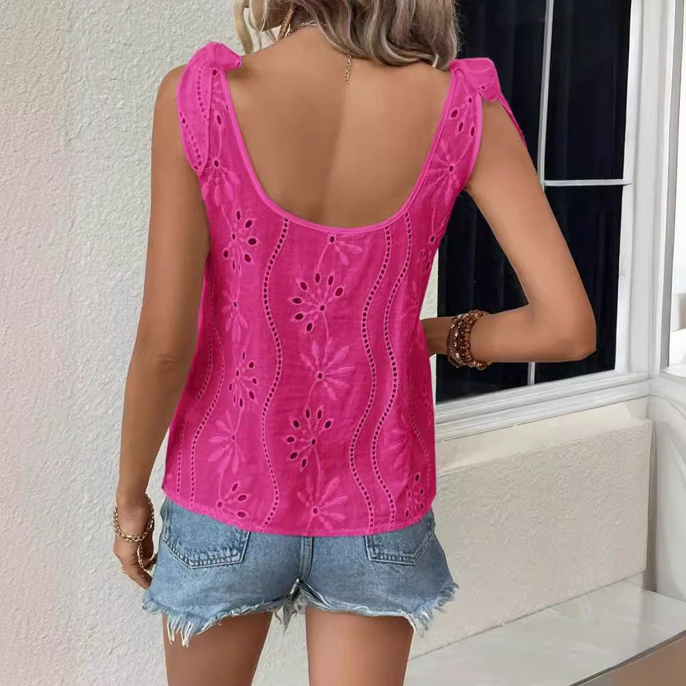 Summer Solid Color Embroidered Jacquard Tied Tops