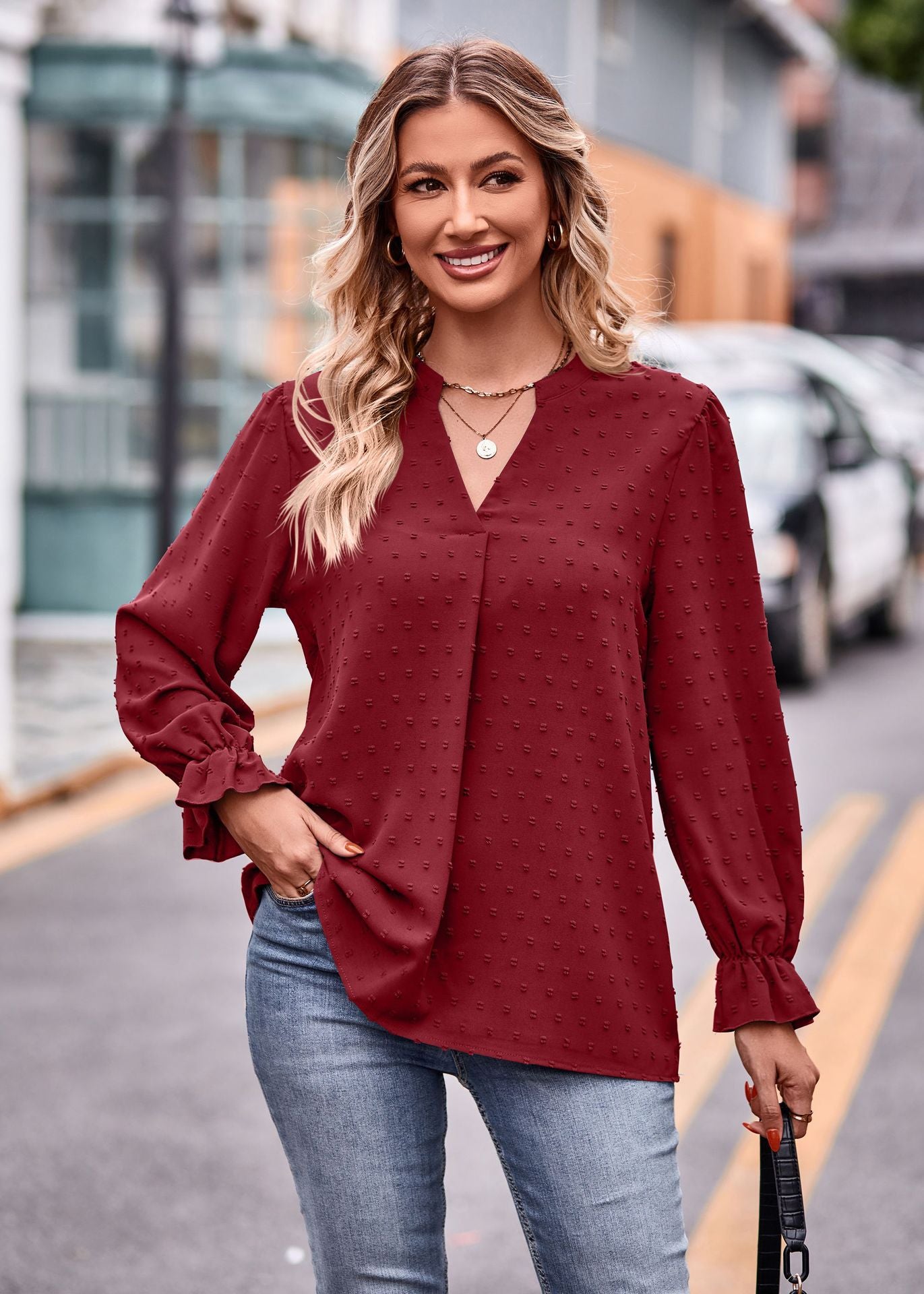 Women's Autumn Jacquard T-shirt Loose Long Sleeve Blouses