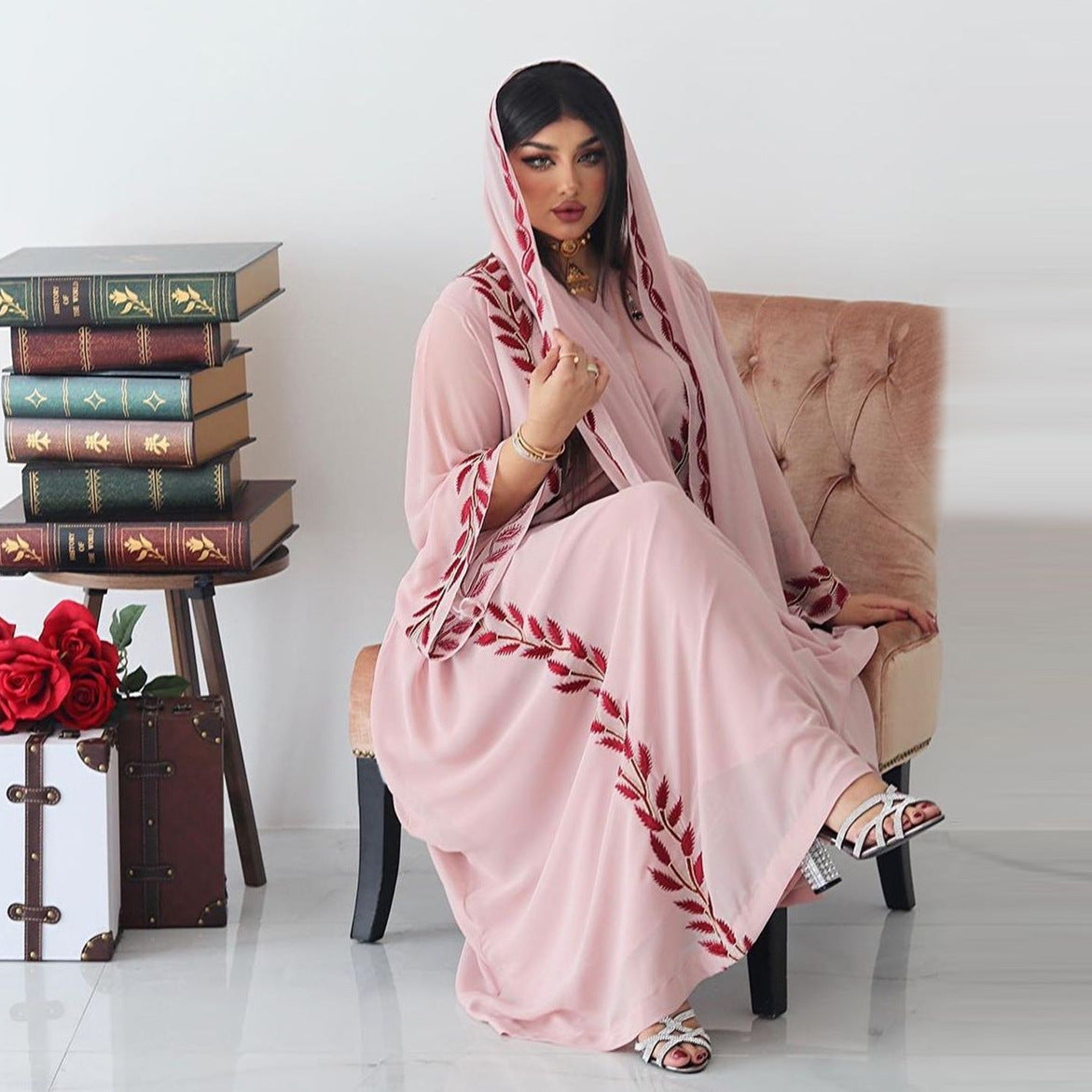 Fashion Street Summer Chiffon Long Muslim Embroidered Pink Round-collar Clothing