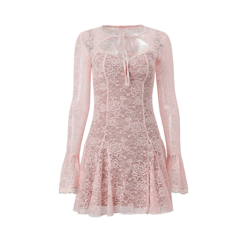 Women's Autumn Fashion Sexy Lace Pink Waistcoat Bell Sleeve Suits