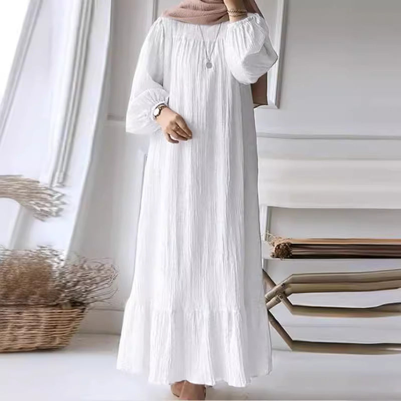 Women's Muslim Wear Robe Fashion Puff Sleeve Vintage Pocket Clothing