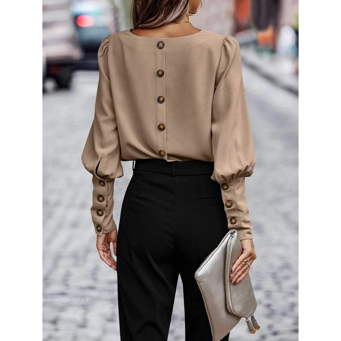 Women's T-shirt Long Sleeve Button Solid Color Blouses