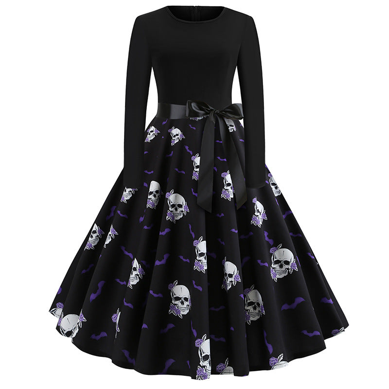 Hepburn Retro Halloween Printed Patchwork Long Dresses