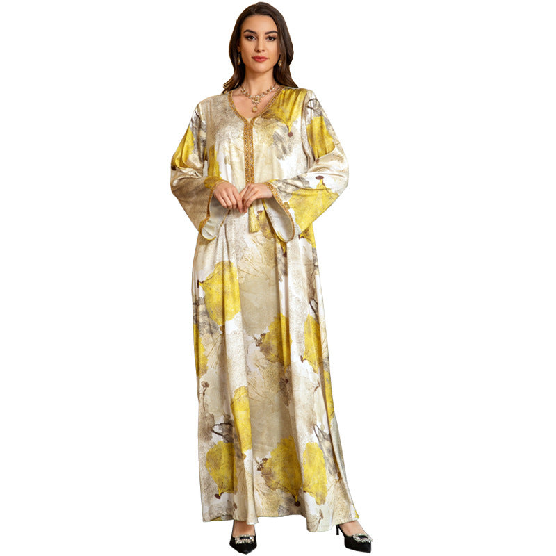 Women's Robe Muslim Hot Drilling Fashion Printed Clothing