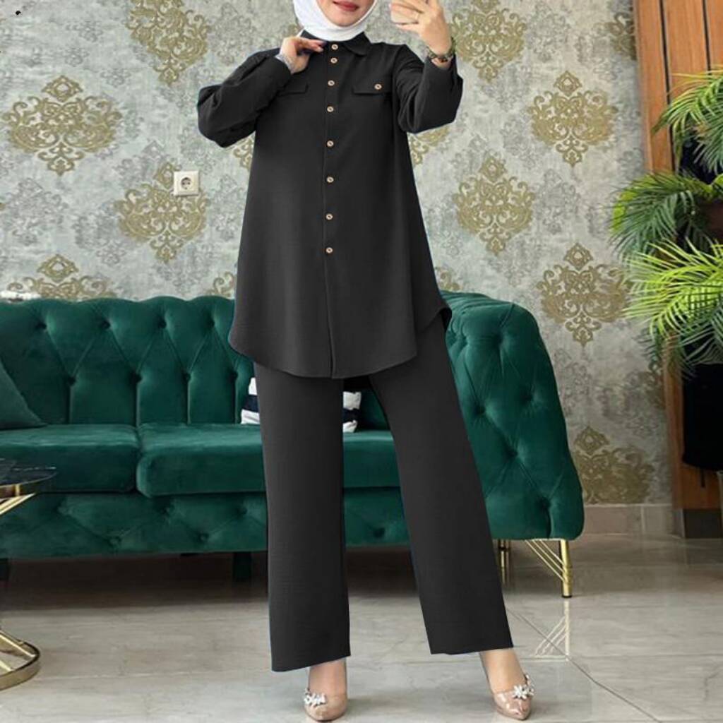 Muslim Solid Color Long Sleeve Wooden Buckle Clothing