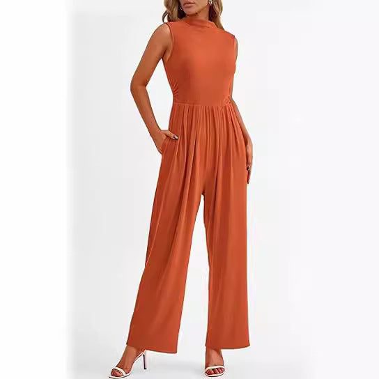 Women's Casual One-piece Sleeveless Wide Leg Belt Jumpsuits