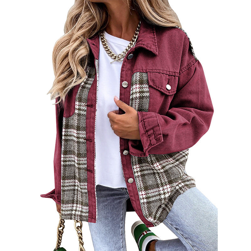 Denim Long Sleeve Plaid Button-down Shirt Tops