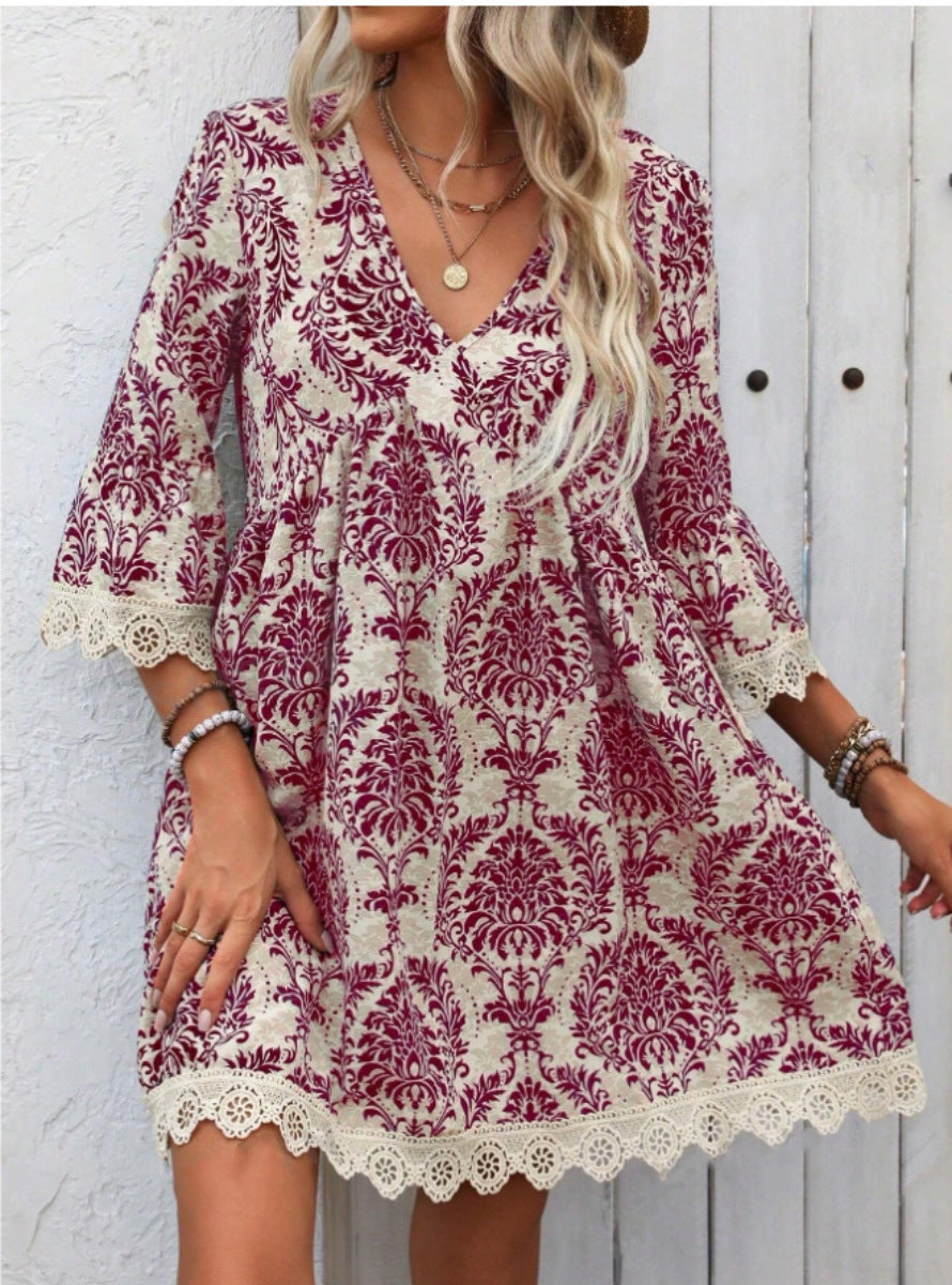 Popular Fashion Printed Lace Sleeve Dress Dresses