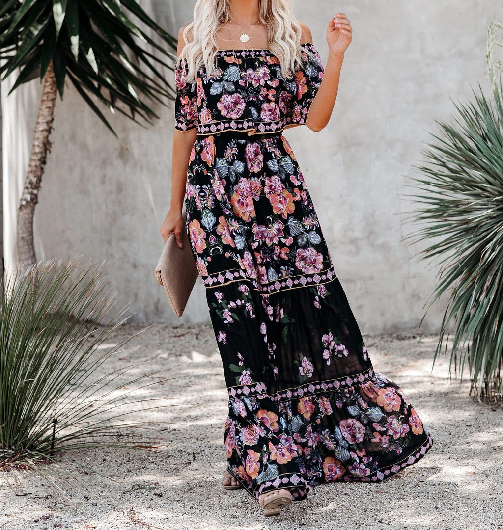 Summer Off-shoulder Printed Long Large Hem Dresses