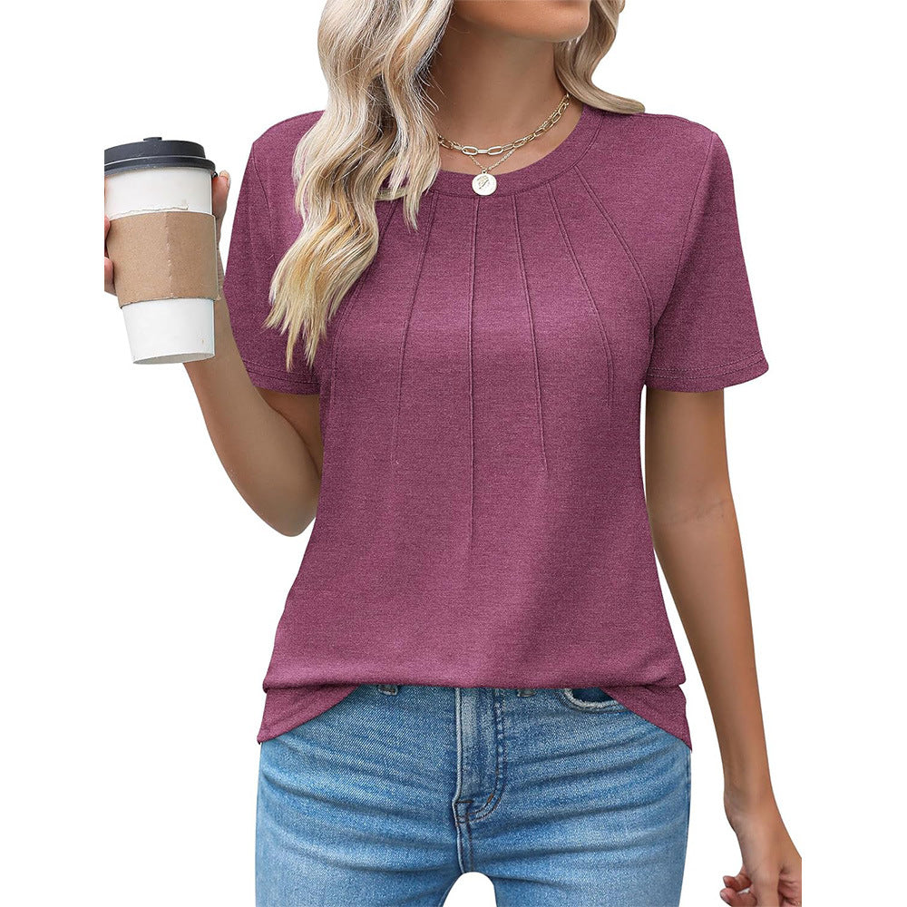 Women's Pleated Round Neck Short-sleeved T-shirt Blouses