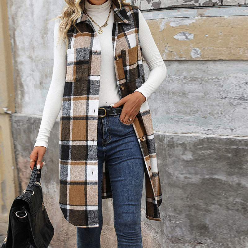 Women's Pretty Autumn Lapel Long Plaid Vests