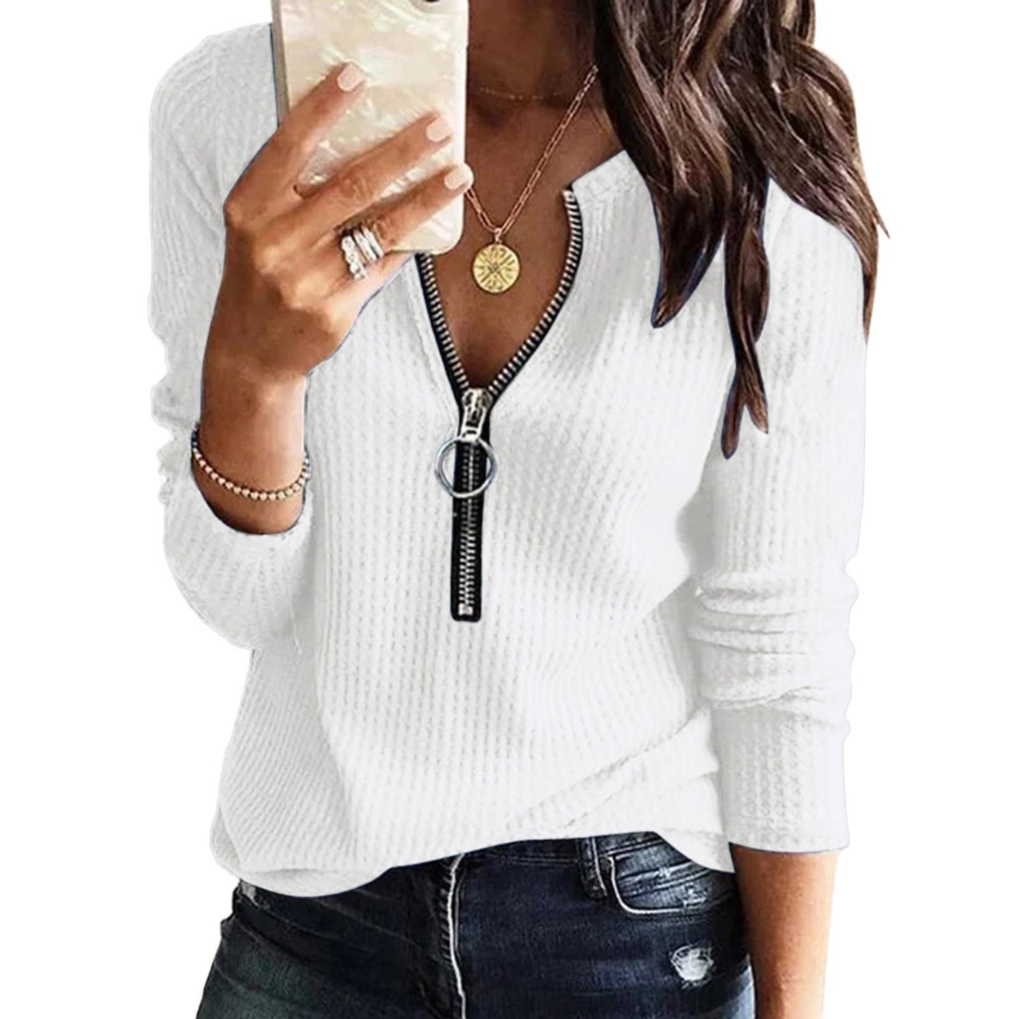 Women's Super Waffle Knitted Zipper Large T-shirt Blouses