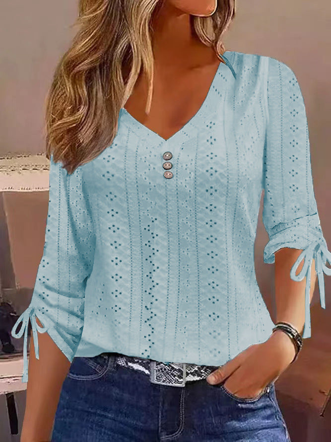 Solid Color Jacquard Button Long-sleeved T-shirt Blouses