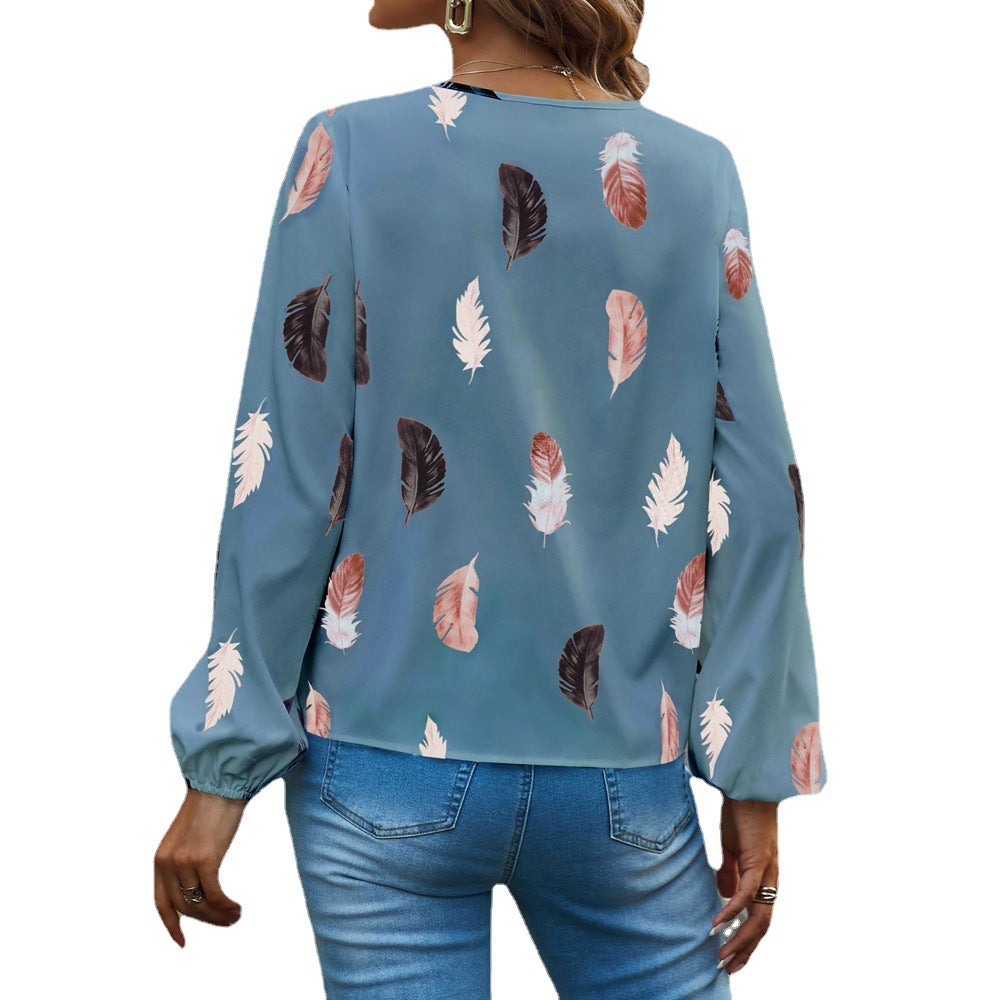 Women's Spring T-shirt Fashion Feather Print Long Blouses