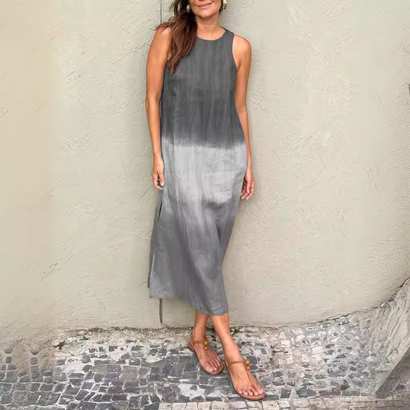 Women's Summer Casual Cotton Linen Sleeveless Slit Dresses