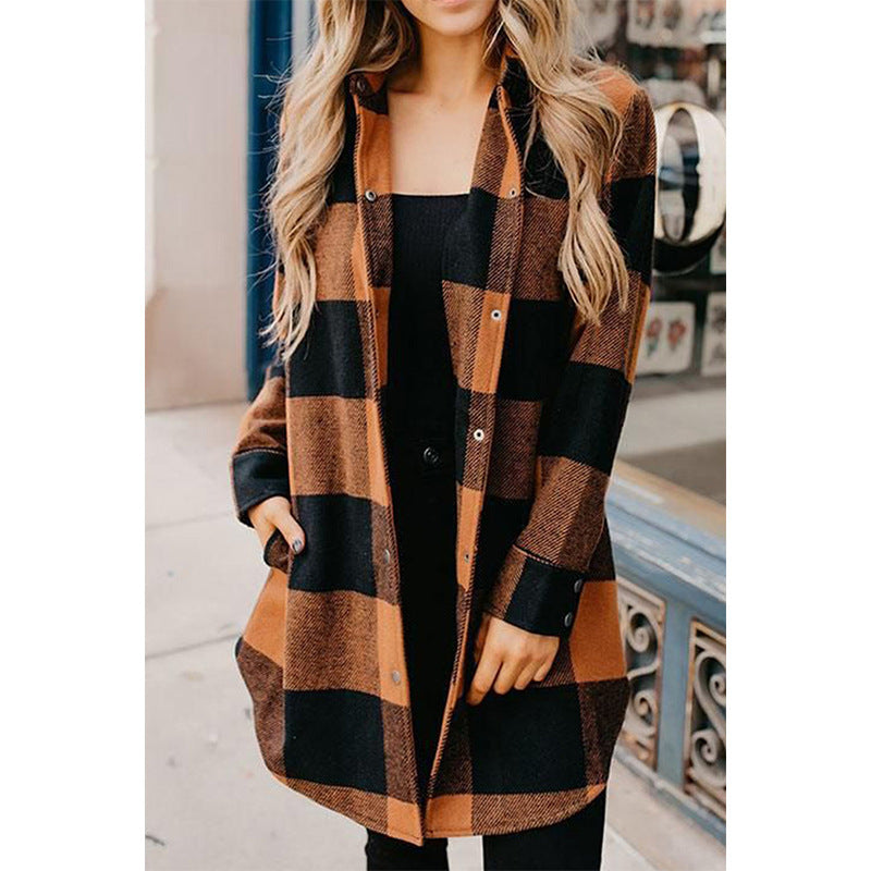 Women's Plaid Shirt Mid-length Long Sleeve Blouses