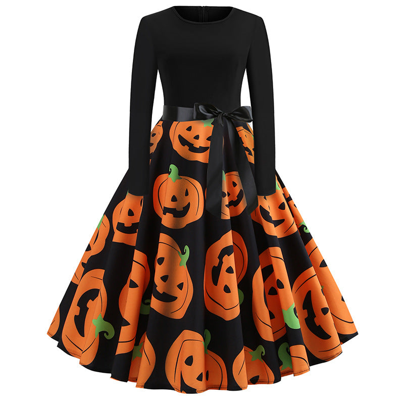 Hepburn Retro Halloween Printed Patchwork Long Dresses