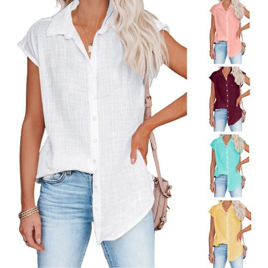 Summer Solid Color Single-breasted Lapel Shirt Blouses