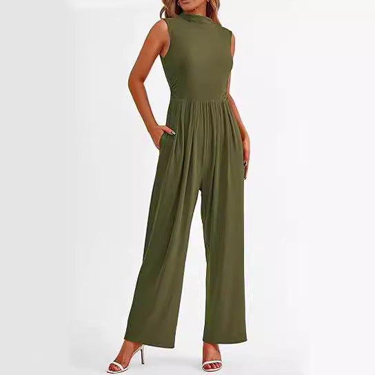 Women's Casual One-piece Sleeveless Wide Leg Belt Jumpsuits