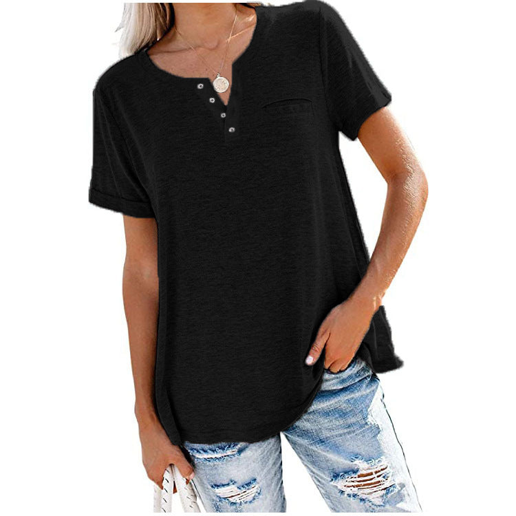 Women's V-neck Sleeve Pocket Loose T-shirt Blouses